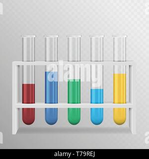 A realistic illustration of a set of laboratory test tubes with color liquid and a white stand. Isolated on transparent background - vector Stock Vector
