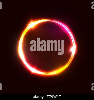 Neon red circle lamp sign isolated on dark red. Stock Vector