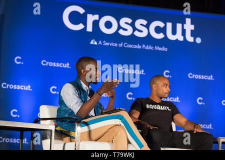 Seattle, Washington: DeRay McKesson speaks during a panel at the Crosscut Festival. The activist and author lead a conversation on social justice, rac Stock Photo
