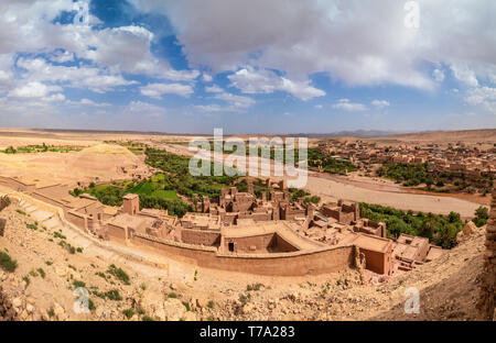 Panoramic aerial view from top of Kasbah Ait Ben Haddou, a Berber fortress village near Ouarzazate in the Atlas Mountains of Morocco Stock Photo