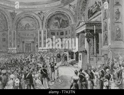 Guillermo II de Alemania (1859-1941). Alemania. Berlín. Celebración del matrimonio religioso de los príncipes Federico-Guillermo (futuro Guillermo II) y de la princesa Augusta Victoria de Schleswig-Holstein (futura reina consorte). Capilla del Palacio Imperial el 27 de febrero de 1881. Grabado. La Ilustración Española y Ameriana, 8 de marzo de 1881. Stock Photo
