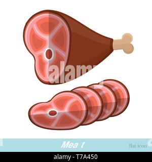 flat icon ham or gammon big piece on bone and some sliced on white Stock Vector