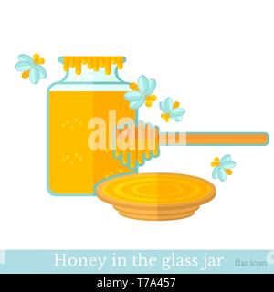 Honey with honey spoon in flat style Stock Vector