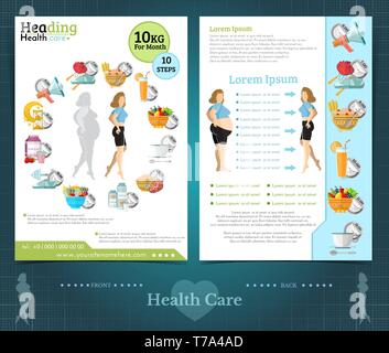 Health life brochure with woman and food in flat style Stock Vector