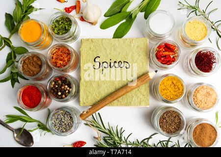 https://l450v.alamy.com/450v/t7a714/large-collection-of-spices-in-small-bowls-on-white-t7a714.jpg