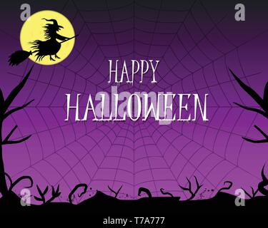 Happy Halloween background with black branch, tree silhouette frame. Before the moon, witch is flying on broom. Purple dark gradient, cobweb in the ba Stock Vector