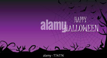 Happy Halloween card or banner design with black branch, tree silhouette frame. Purple dark gradient, cobweb, bat, in the background. White text with  Stock Vector