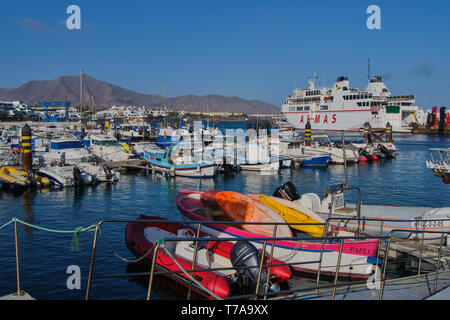 Playa Blanca, Lanzarote, Spain: April 28, 2019: Canary Islands ferry Armas in the harbor of Playa Blanca. It sails between Playa Blanca Lanzarote and  Stock Photo