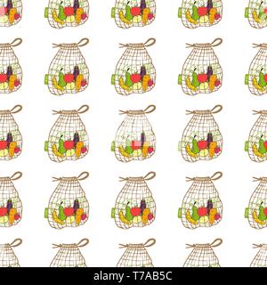 Seamless pattern. Hand drawn Zero waste vector design. No plastic elements of eco life: reusable fabric cotton bags with vegetables and fruits. Vector Stock Vector