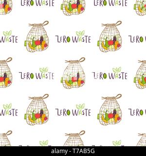 Seamless pattern. Hand drawn Zero waste vector design. No plastic elements of eco life: reusable fabric cotton bags with vegetables and fruits. Vector Stock Vector