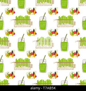 Seamless pattern. Hand drawn Zero waste vector design. No plastic elements of eco life: reusable fabric cotton bags with vegetables and fruits. Vector Stock Vector