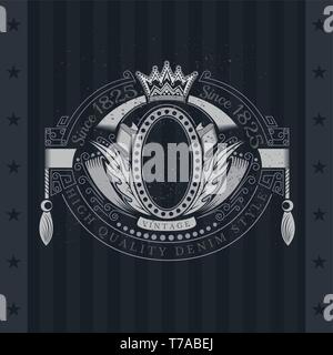 Coat of Arms With Crown And Oval Frame Between Ribbons And Wreath. Vintage Label On Blackboard Stock Vector