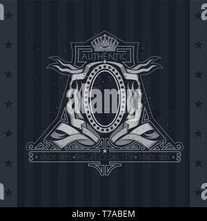 Coat of Arms With Crown And Oval Frame Between Ribbons Or Flags. Vintage Label On Blackboard Stock Vector