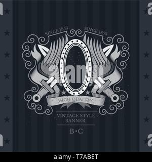 Cross swords with oval frame in center between open wings. Heraldic vintage label on blackboard Stock Vector