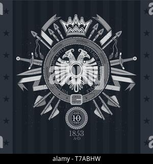 Eagle in center of round belt with vintage weapon. Heraldic vintage label on blackboard Stock Vector