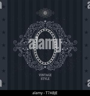Line Pattern With Oval Frame In center On Blackboard. Vintage label Stock Vector