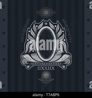 Oval Frame In Center Between Laurel Wreath And Ribbons. Vintage Label With Coat of Arms On Blackboard Stock Vector