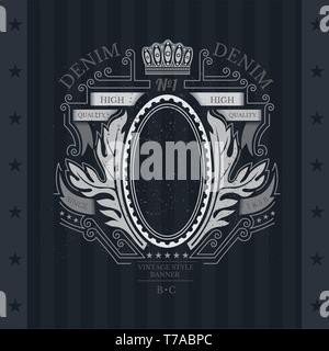 Oval frame in center of leaf witgh ribbons and line pattern. Heraldic vintage label on blackboard Stock Vector