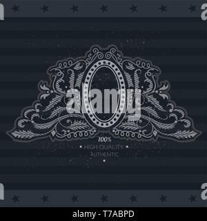Oval Frame In The Center Of Floral Pattern. Vintage Label With Coat of Arms On Blackboard Stock Vector