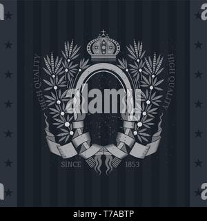 Ribbons Winding Of Oval Frame In Center And Bunch Of Laurel. Vintage Label With Coat of Arms On Blackboard Stock Vector