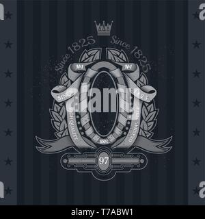 Ribbons Winding Of Oval Frame In Center And Laurel Wreath. Vintage Label With Coat of Arms On Blackboard Stock Vector