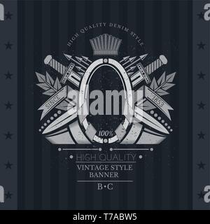 Ribbons Winding Of Oval Frame In Center Between Vintage Weapons. Vintage Label With Coat of Arms On Blackboard Stock Vector