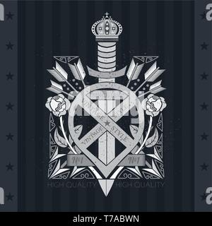 Sword in center of bent ribbons between roses and arrows. Heraldic vintage label on blackboard Stock Vector