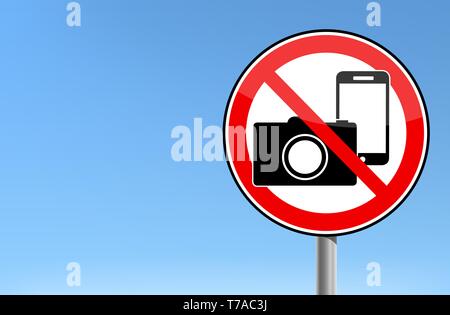 A Photo and phone forbidden warning sign vector illustration with sky background Stock Vector