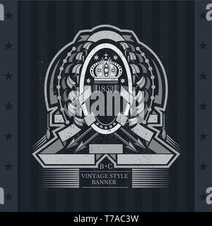 Oval frame with crown and ribbons in the center of leaf element and arrows. Vector heraldic element for design or t-shirt print on blackboard Stock Vector