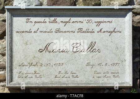Sirmione, Lombardy, Italy - September 04, 2018: Memorial plaque for the Greek soprano Maria Callas in Sirmione on the Lake Garda - Italy. Stock Photo