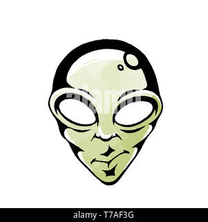 Vector Illustration of a Scratchboard Style Ink and Watercolor Drawing of a Green Alien Face Stock Photo