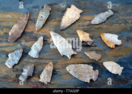 Real American Indian arrowheads made around 6-9 thousands years ago, they were found in East Texas. Stock Photo