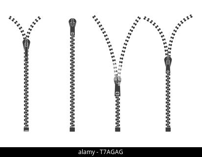 Zipper. Clothes zips vector illustration, split cloth pulling zip isolated on white, open or unzipped and close or zipped metalzip set Stock Vector