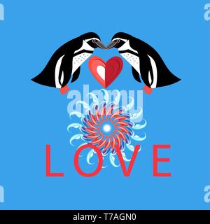 Vector funny loving penguins with heart on blue background Stock Vector