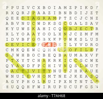 UML - Unified Modeling Language vector background illustration as word search puzzle with highlighted keywords Stock Vector