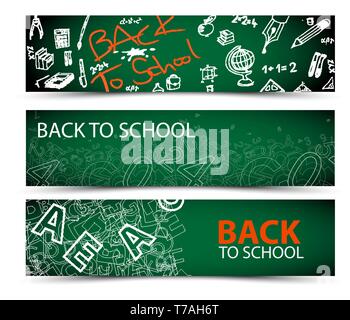 Back to School vector banners with drawings, doodles and letters Stock Vector