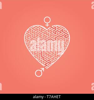 Male Female symbol and Heart Labyrinth maze. Find the way in the heart. Find your love. Happy Valentine's day card. Vector Stock Vector
