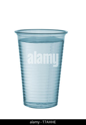 Plastic cup of water isolated on white background. Blue. Stock Photo
