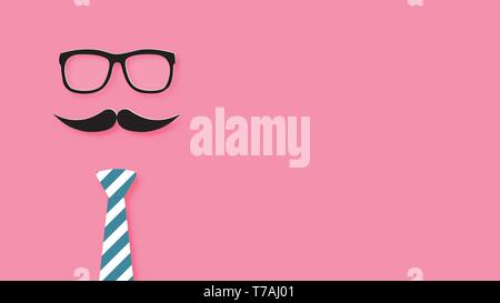 Happy father’s day background concepts. Paper cut made glasses, mustache and necktie on pink background. Paper art 3d digital craft style. Stock Vector