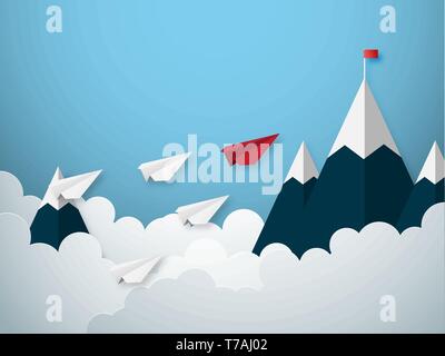 Leadership concept with red and white paper cut style airplane flying to goal flag on the mountain. Depicts A good leader will lead the follower or te Stock Vector
