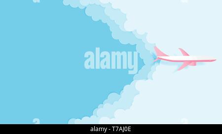 Love to travel concept illustration vector paper cut style. Paper art airplane aerial view with beautiful clouds and blue sky for poster, flyer, web t Stock Vector