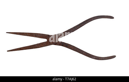 Vintage tool, old rusty thin nose pliers, isolated on white background. Stock Photo