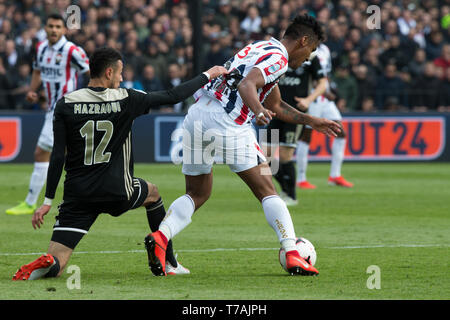 5 may 2019 Rotterdam, The Netherlands Soccer Dutch Cupfinal Willem II v Ajax  KNVB Bekerfinale 2019  L-R  Noussair Mazraoui (Ajax) - Renato Tapia (Willem II) Stock Photo