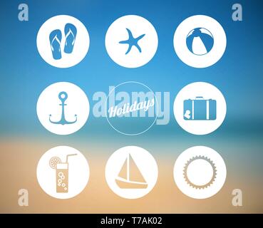 Vector summer poster made from icons with abstract beach background Stock Vector