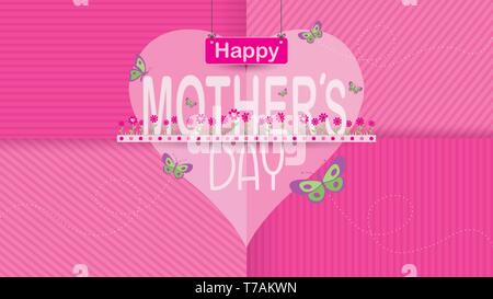 Happy Mothers Day Greeting Card. Word MOTHER in the middle of a garden of flowers of magenta color with butterflies flying around on a heart-shaped Stock Vector