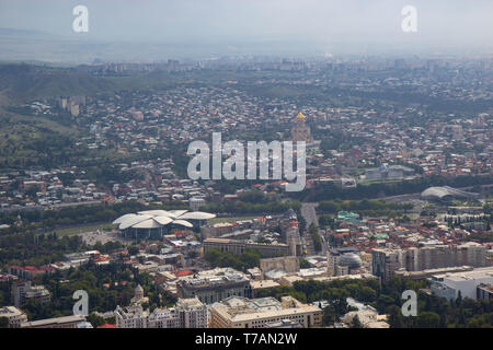 Aerial view on downtown in Tbilisi, Georgia 21 august 2019. Tbilisi is the capital and the largest city of Georgia, lying on the banks of the Kura riv Stock Photo