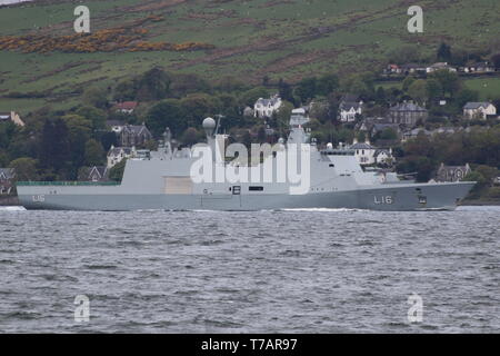 KDM Absalon (L16), an Absalon-class support ship operated by the Royal Norwegian Navy, passing Greenock on arrival for Exercise Formidable Shield 2019 Stock Photo