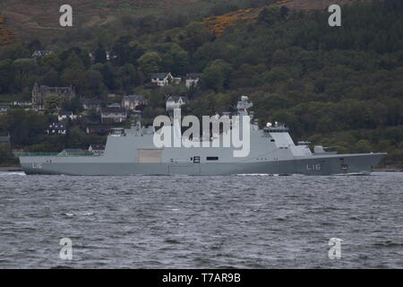 KDM Absalon (L16), an Absalon-class support ship operated by the Royal Norwegian Navy, passing Greenock on arrival for Exercise Formidable Shield 2019 Stock Photo