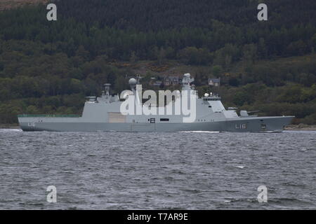 KDM Absalon (L16), an Absalon-class support ship operated by the Royal Norwegian Navy, passing Greenock on arrival for Exercise Formidable Shield 2019 Stock Photo