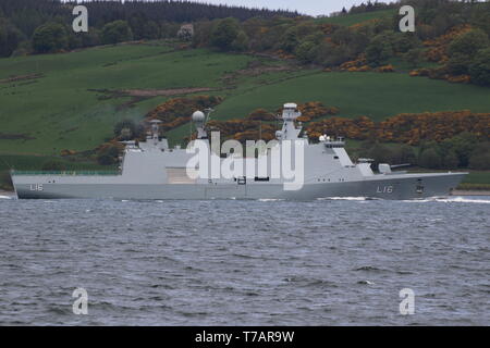 KDM Absalon (L16), an Absalon-class support ship operated by the Royal Norwegian Navy, passing Greenock on arrival for Exercise Formidable Shield 2019 Stock Photo